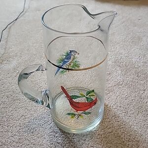 Vintage West Virginia Glass Pitcher Ice Lip Birds Bluejay Cardinal 9.75" used